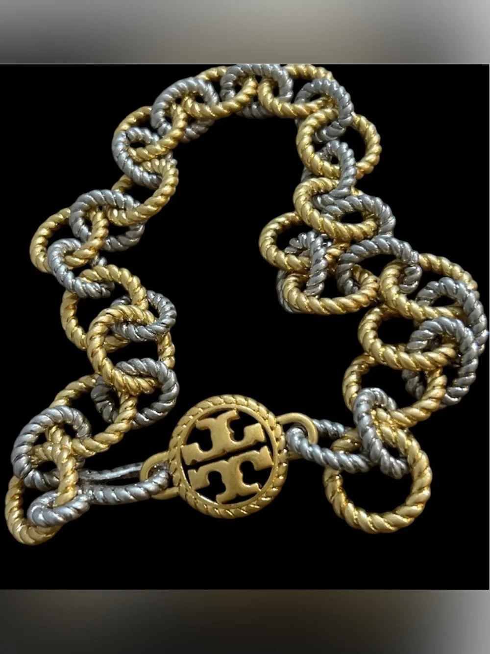 NWT TORY BURCH Silver & Gold-Tone Chunky Rope Chain Link Necklace Toggle Clasp